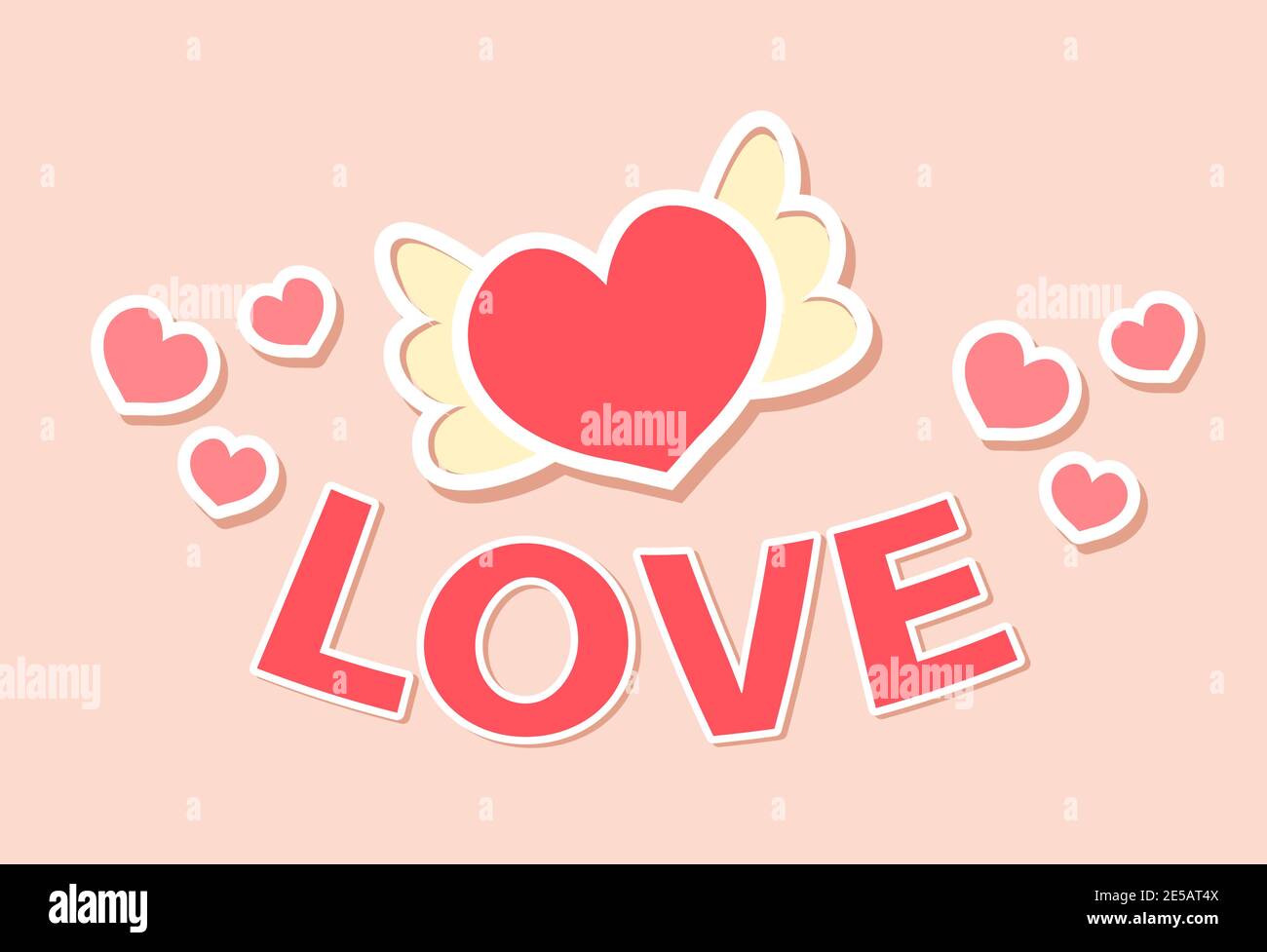 Cute die Inschrift Liebe, Herz in den Flügeln Symbol, flach, Cartoon-Stil. Isoliert auf blauem Hintergrund. Vektorgrafik Stock Vektor