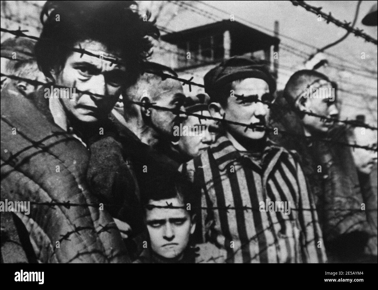 Ein Bild von Häftlingen hinter Stacheldraht, das 1945 aufgenommen wurde, als das Konzentrationslager Auschwitz in Polen befreit wurde, wo Millionen jüdischer Deportierter während des Zweiten Weltkriegs von den nazis vernichtet wurden Dieses Foto ist ein Ausschnitt aus dem sowjetischen Film 'Auschwitz' der sowjetischen Filmregisseurin Elizaveta Svilova (1945) Stockfoto