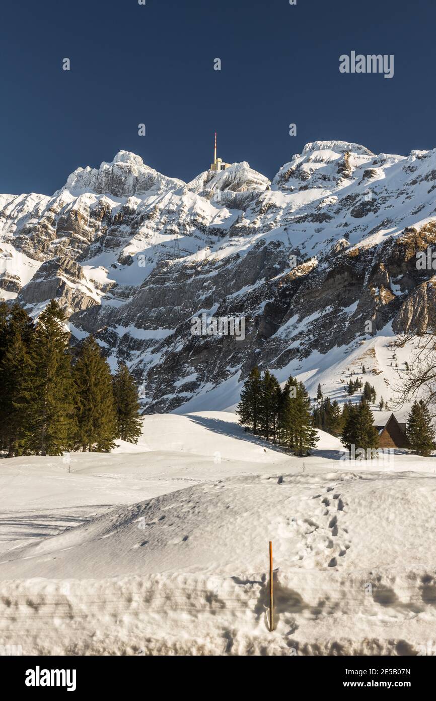 Berg Saentis im Winter, Schwaegalp, Kanton Appenzell Ausserhoden, Schweiz Stockfoto