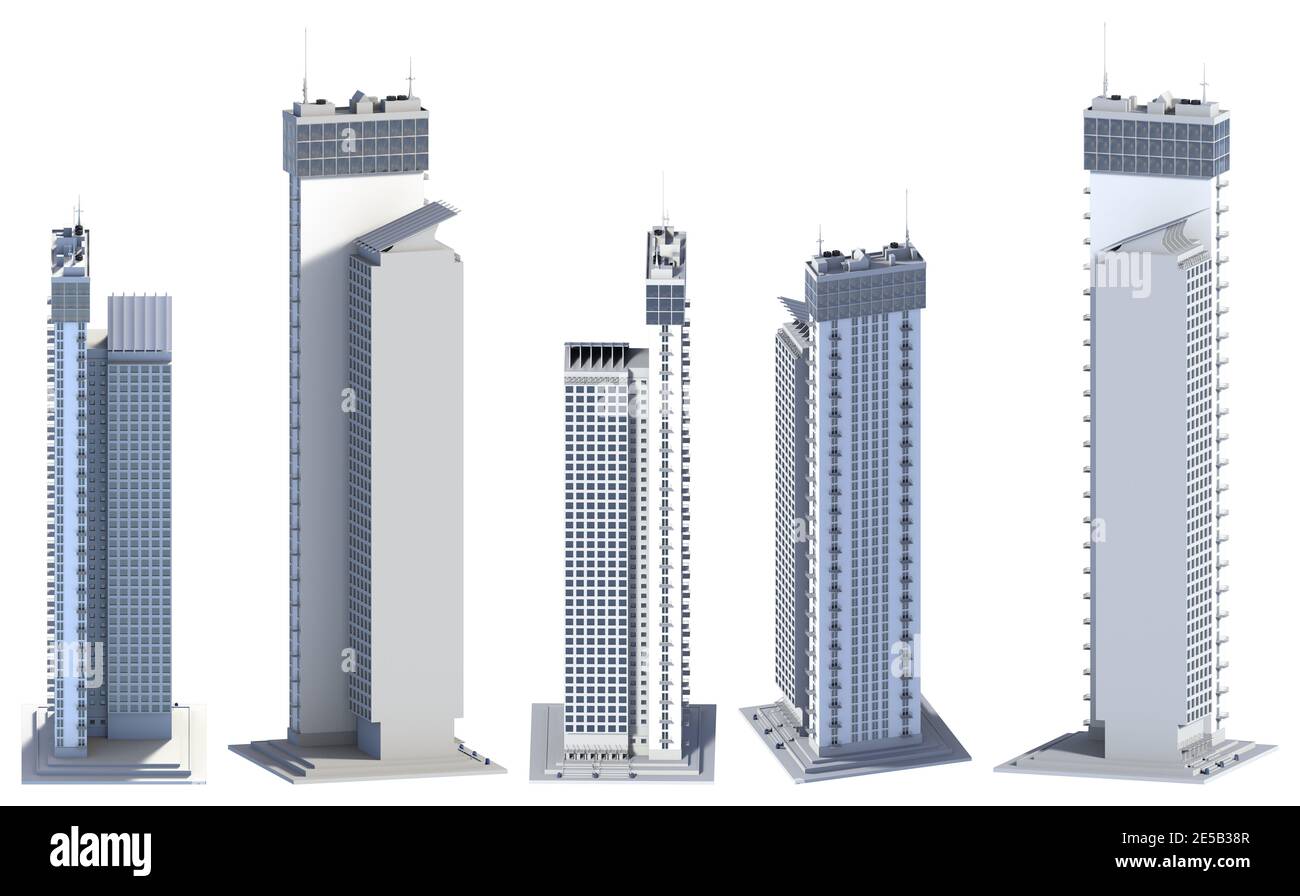 5 verschiedene Winkel Ansichten Renderings von fiktionalem Design Moderne Häuser Block von flachen Türmen mit Himmel Reflexionen - isoliert auf weiß, 3d-Darstellung von s Stockfoto