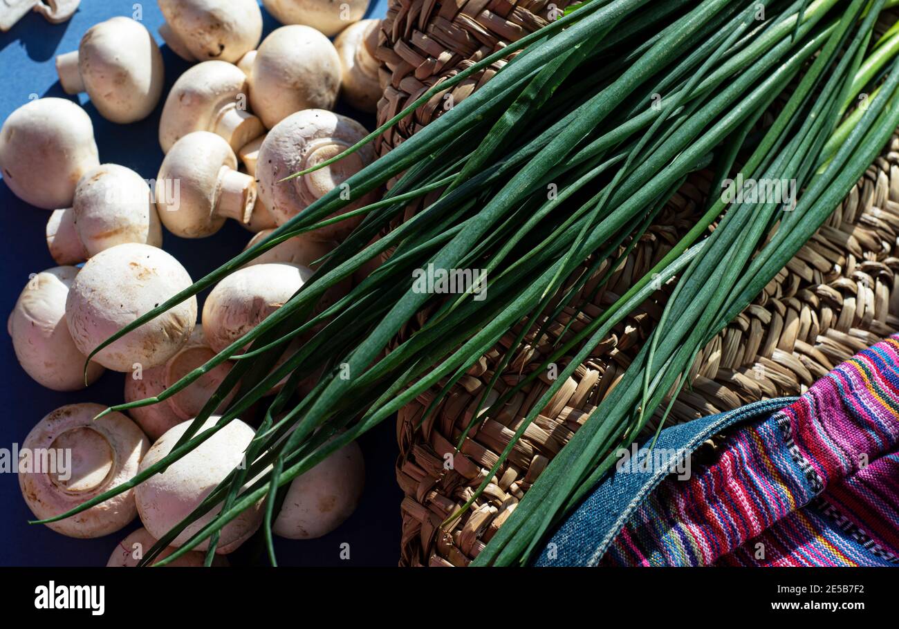 Boho Hintergrund mit saftigen Frühlingszwiebeln und frischen Champignons. Die Zutaten für eine gesunde Mahlzeit liegen auf einem Weidenbeutel mit einem verzierten Textil. Stockfoto
