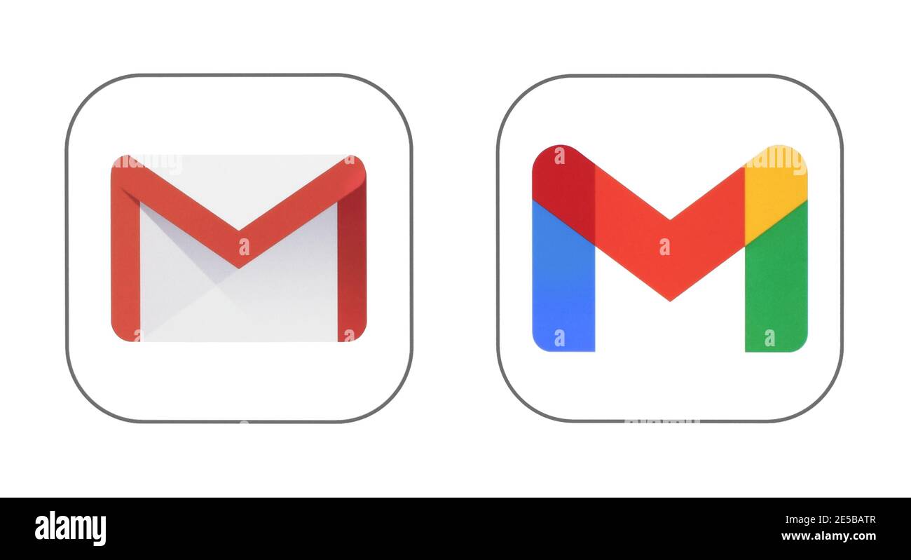 Kiew, Ukraine - 12. Januar 2021: Google Mail Service - Gmail alte und neue Symbole auf weißem Papier gedruckt. Gmail ist ein kostenloser E-Mail-Dienst von Goo entwickelt Stockfoto Kiew, Ukraine - 12. Januar 2021: Google Mail Service - Gmail alte und neue Symbole auf weißem Papier gedruckt. Gmail ist ein kostenloser E-Mail-Dienst von Goo entwickelt Stockfoto