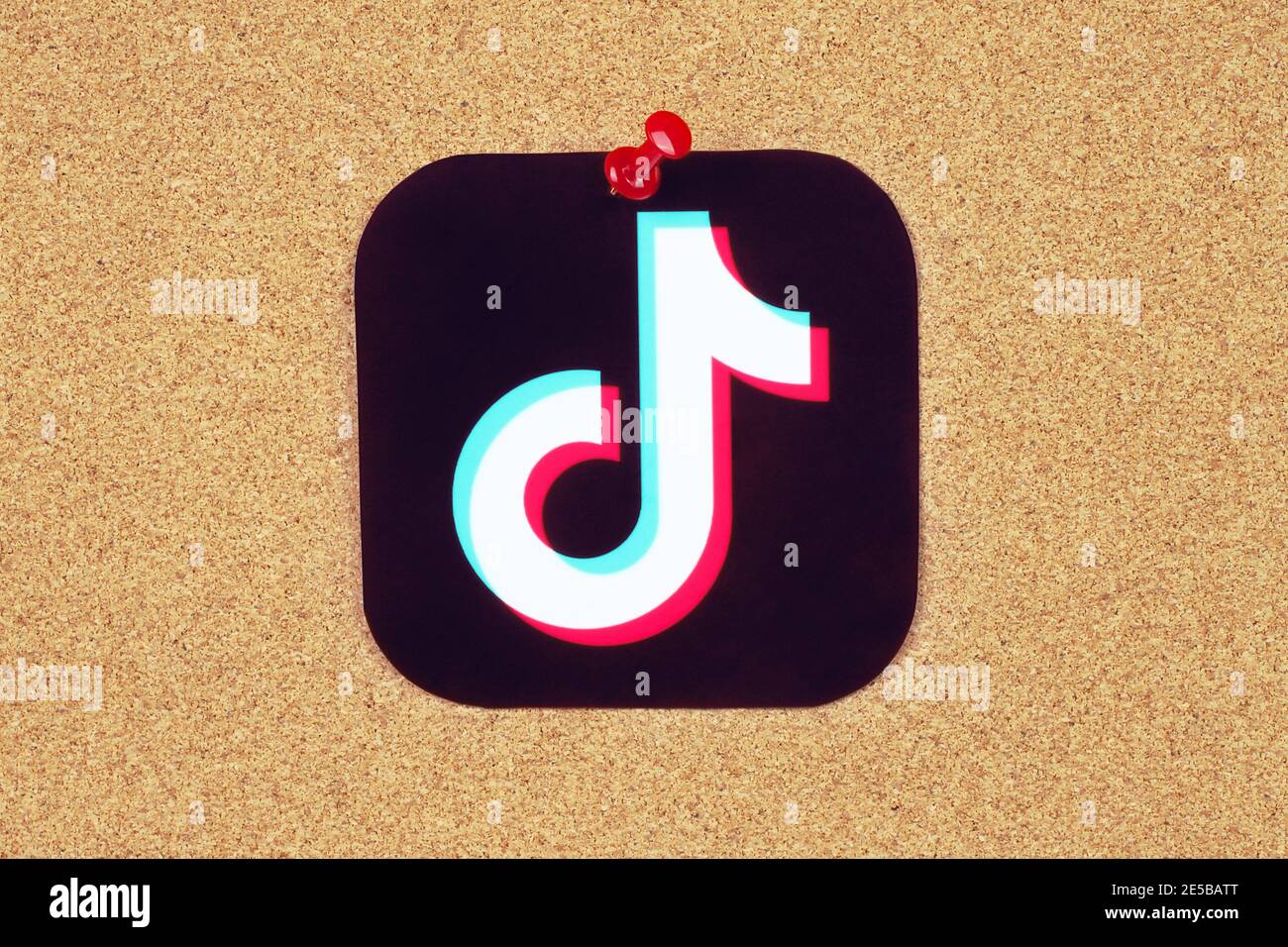 Kiew, Ukraine - 25. August 2020: TikTok-Ikone auf Papier gedruckt und auf Holzhintergrund fixiert. TikTok ist ein virales chinesisches Video-Sharing Social Networki Stockfoto