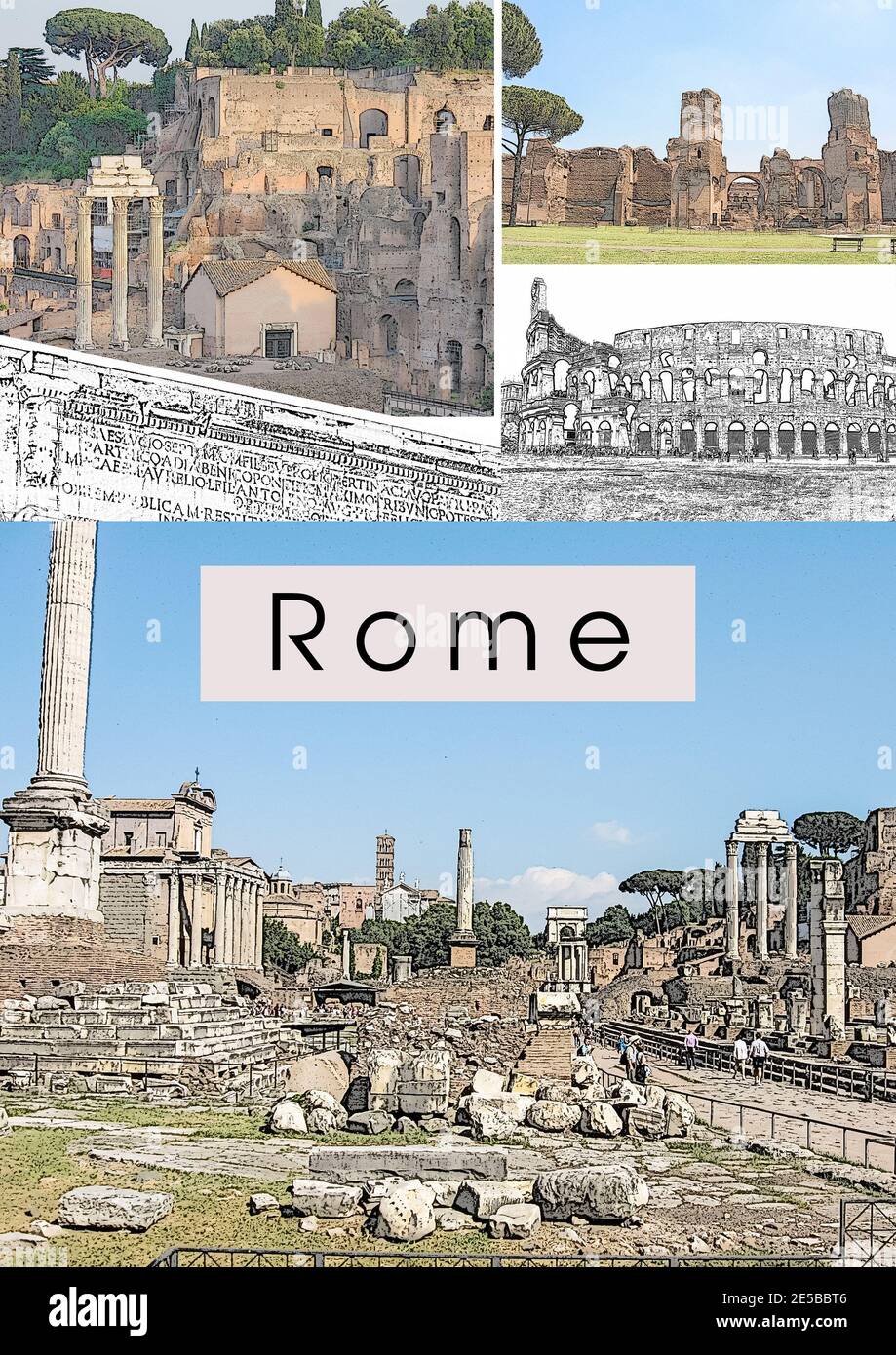 Reisecollage mit antiken römischen Sehenswürdigkeiten: Forum Romanum, Thermen von Caracalla, Kolosseum, Septimiusbogen. Vorlage für touristische Konzepte Stockfoto