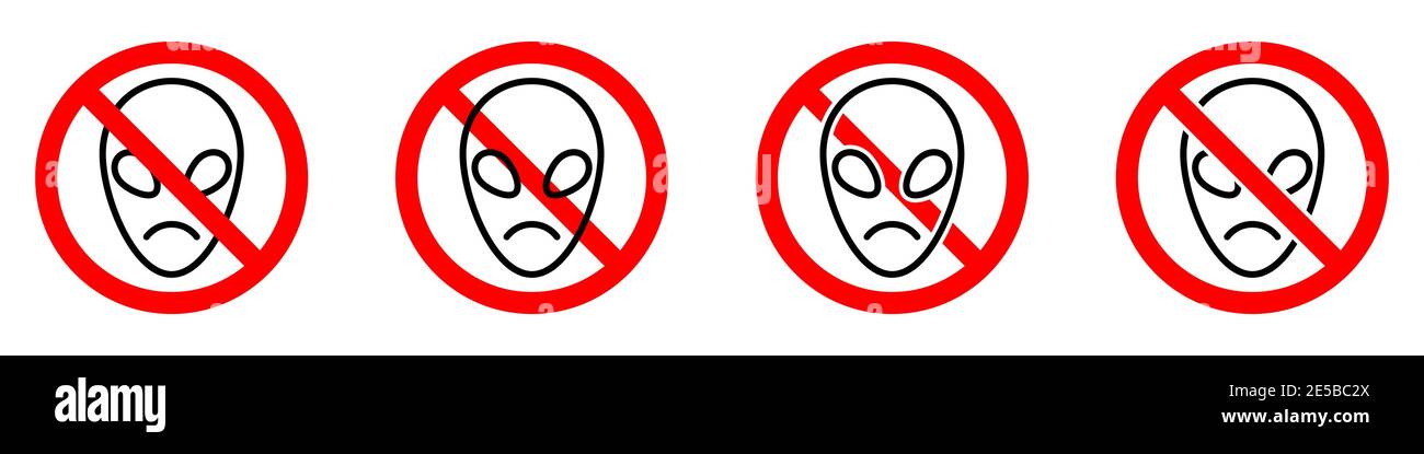 Kein Alien-Symbol. UFO-Ban-Symbol. UFO ist verboten. Stop oder Ban roten runden Zeichen mit Alien-Symbol. Vektorgrafik. Stock Vektor