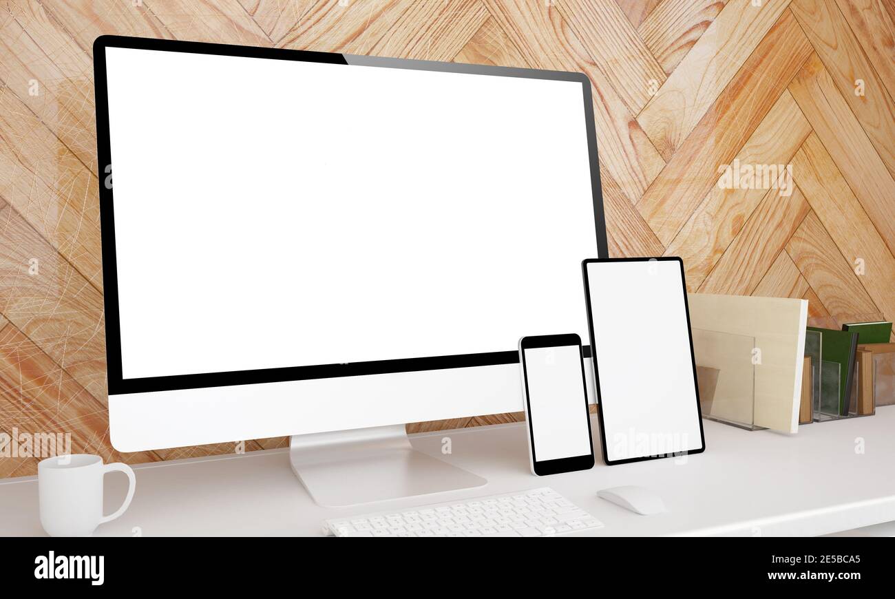 Reaktionsschnelle Geräte auf einem Desktop stellen 3D-Rendering vor Stockfoto
