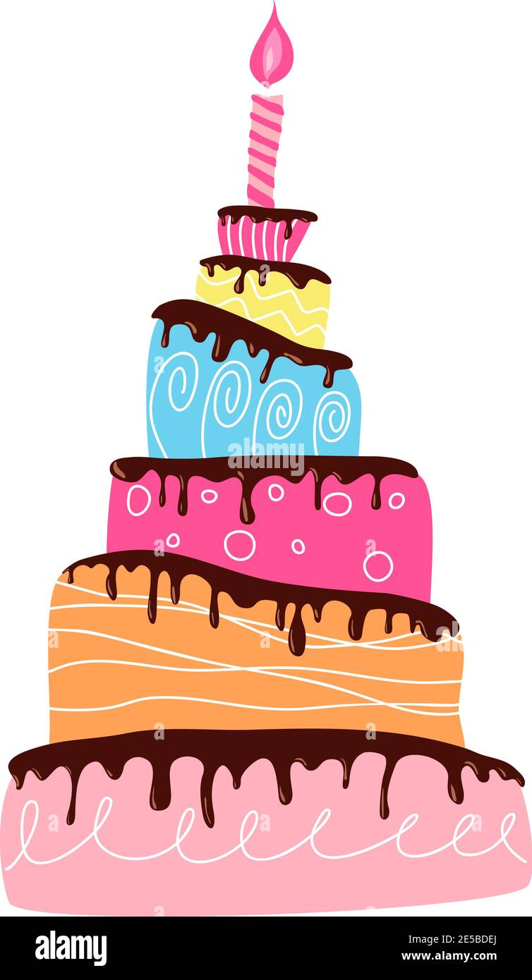 Vector Happy Holiday Cremekuchen mit Kerze. Urlaub Kochen niedliche Illustration in Cartoon-Stil für die Dekoration, Jubiläen, Hochzeiten, Geburtstage Stock Vektor