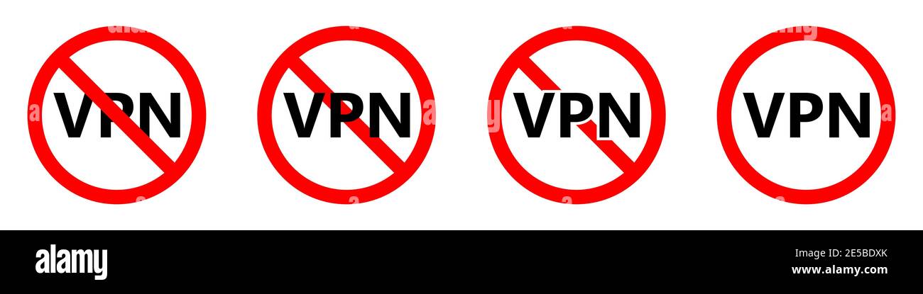 Kein VPN-Symbol. VPN ist verboten. Rotes Rundschild mit VPN-Symbol stoppen oder sperren. Vektorgrafik. Verbotene Schilder gesetzt. Stock Vektor