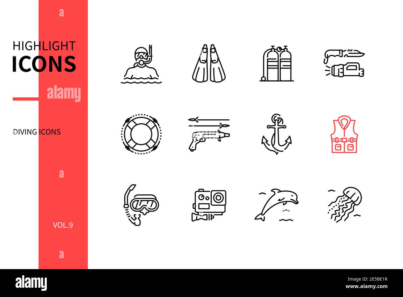 Tauchen - modernes Liniendesign Stil Ikonen gesetzt. Sommer Freizeitaktivitäten, Hobby. Taucher- und Sportausrüstung, Flossen, Lufttanks, Unterwasserwaffe, Anker, Stock Vektor