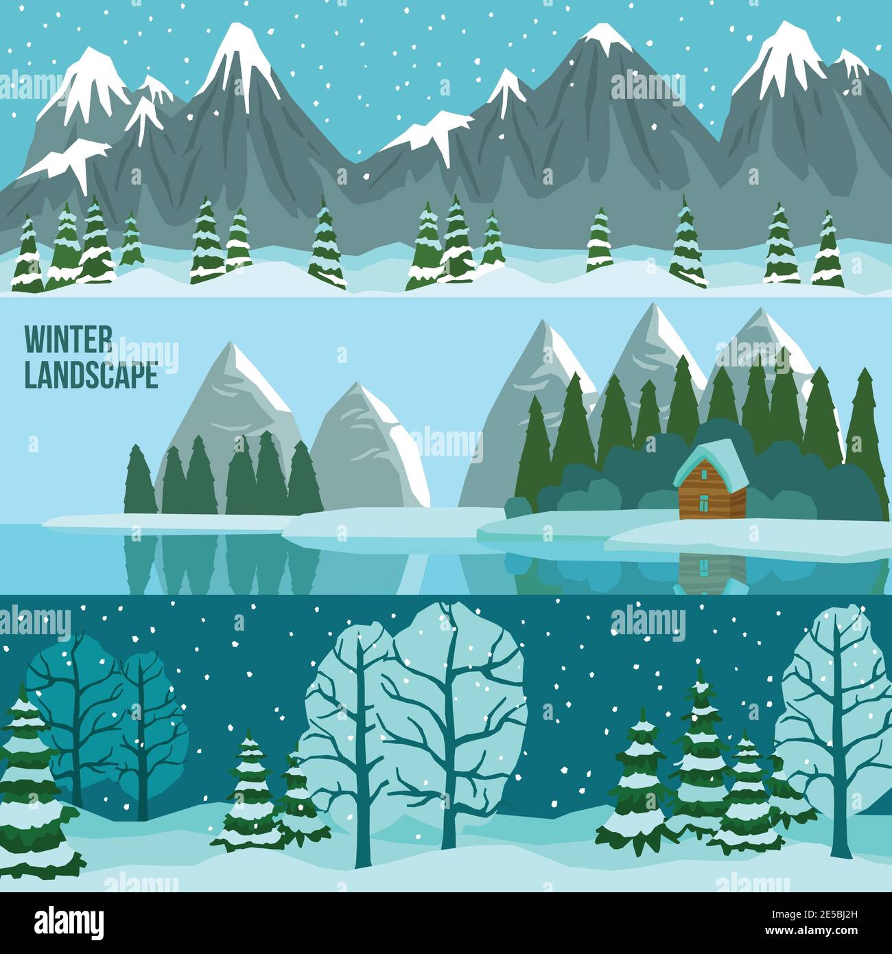 Drei horizontale flache Banner Set von Winterlandschaft mit Panoramen Von Bergen See und Wald Vektor-Illustration Stock Vektor