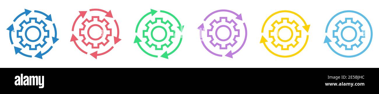 Workflow-Symbol für lineare Abläufe. Satz von abstrakten linearen Zahnrädern mit Pfeilen. Vektorgrafik. Konzeptionelles Symbol Stock Vektor