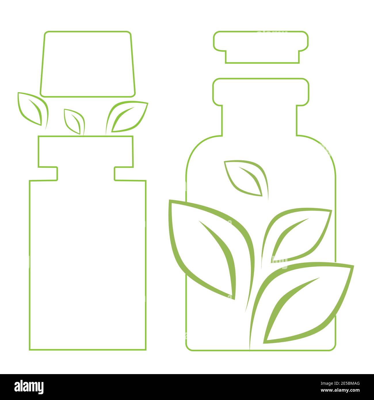 Set der grünen Flasche. Bio, Ökologie, Bio-Logo. Linienvektor. Auf weißem Hintergrund isolieren. Stock Vektor