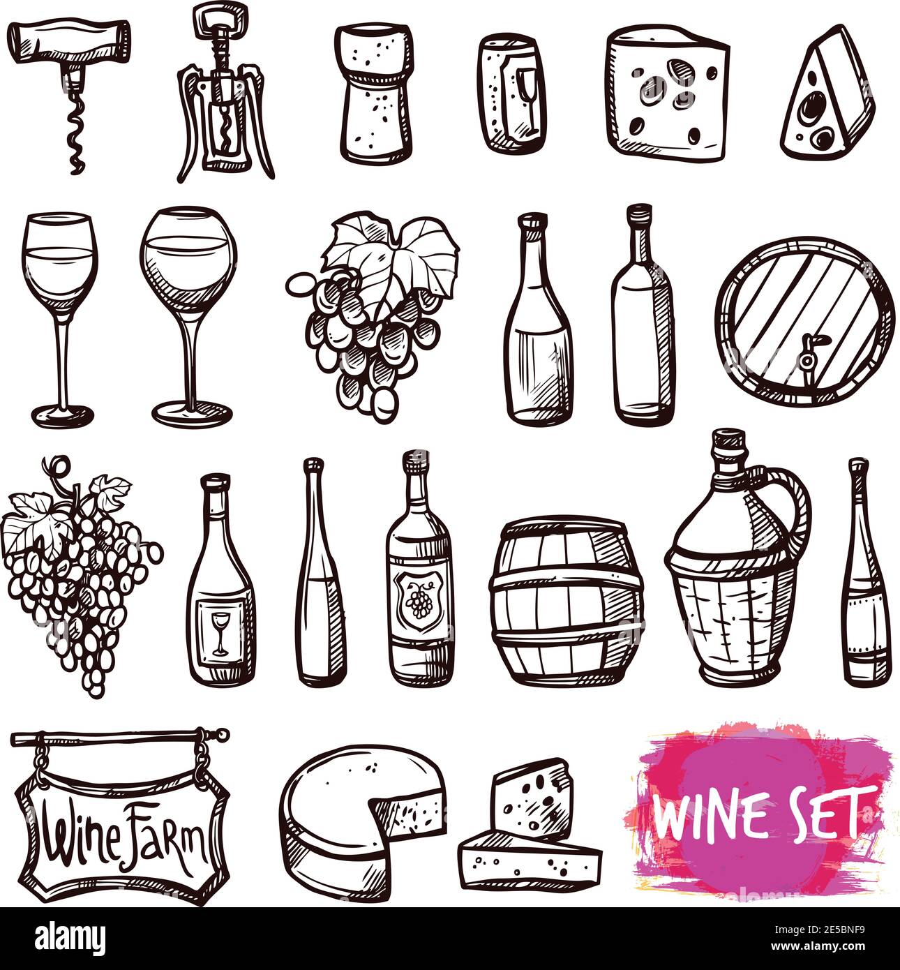 Weingut Farm schwarz Doodle Piktogramme Sammlung fur Restaurant Wein Verbrauch Mit Kase Verfolger abstrakten Vektor isolierte Illustration Stock Vektorgrafik Alamy