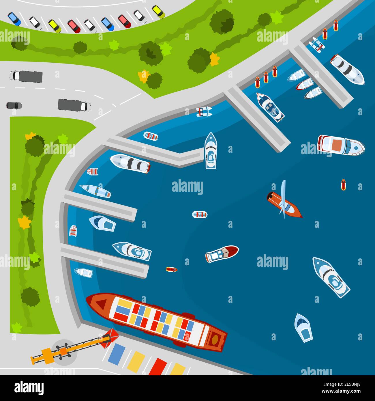Hafenterminal am Meer mit Frachtschiffen von oben Von oben Poster flache abstrakte Vektor-Illustration Stock Vektor