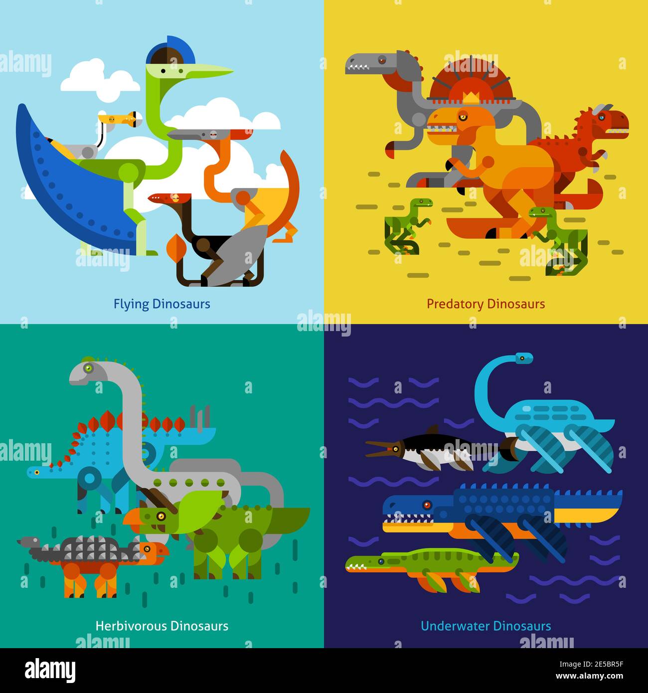 Dinosaurier Design-Konzept mit fliegenden Unterwasser räuberischen prähistorischen Tieren gesetzt Flache Symbole isolierte Vektordarstellung Stock Vektor