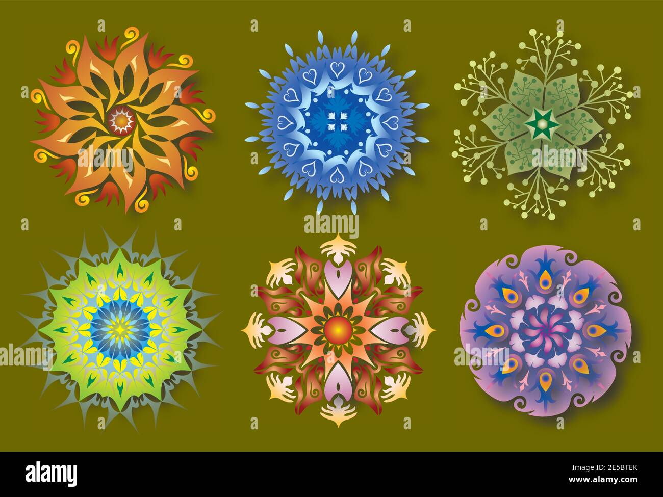 Set von 6 Mandalas - Blumen, Natur und Energie - Bunte Ikonen Stock Vektor