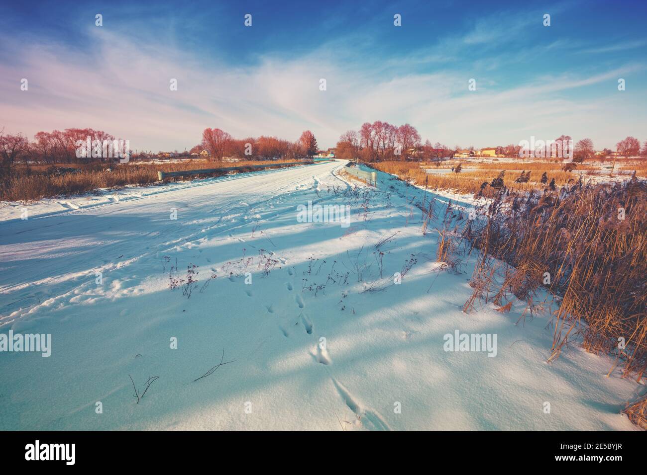 Ländliche Landschaft im Winter. Landstraße mit Schnee bedeckt Stockfoto