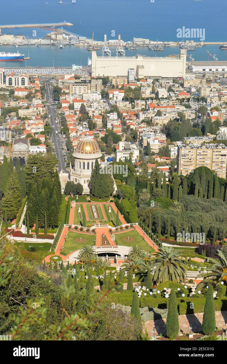 Bahai Gardens in Haifa. Ein UNESCO-Weltkulturerbe in einer israelischen Stadt an der Mittelmeerküste. Stockfoto