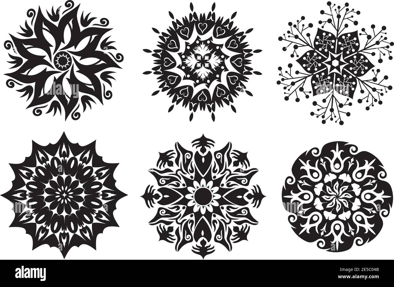 Set aus Blumen, Natur Mandalas in Schwarz und Weiß Stock Vektor