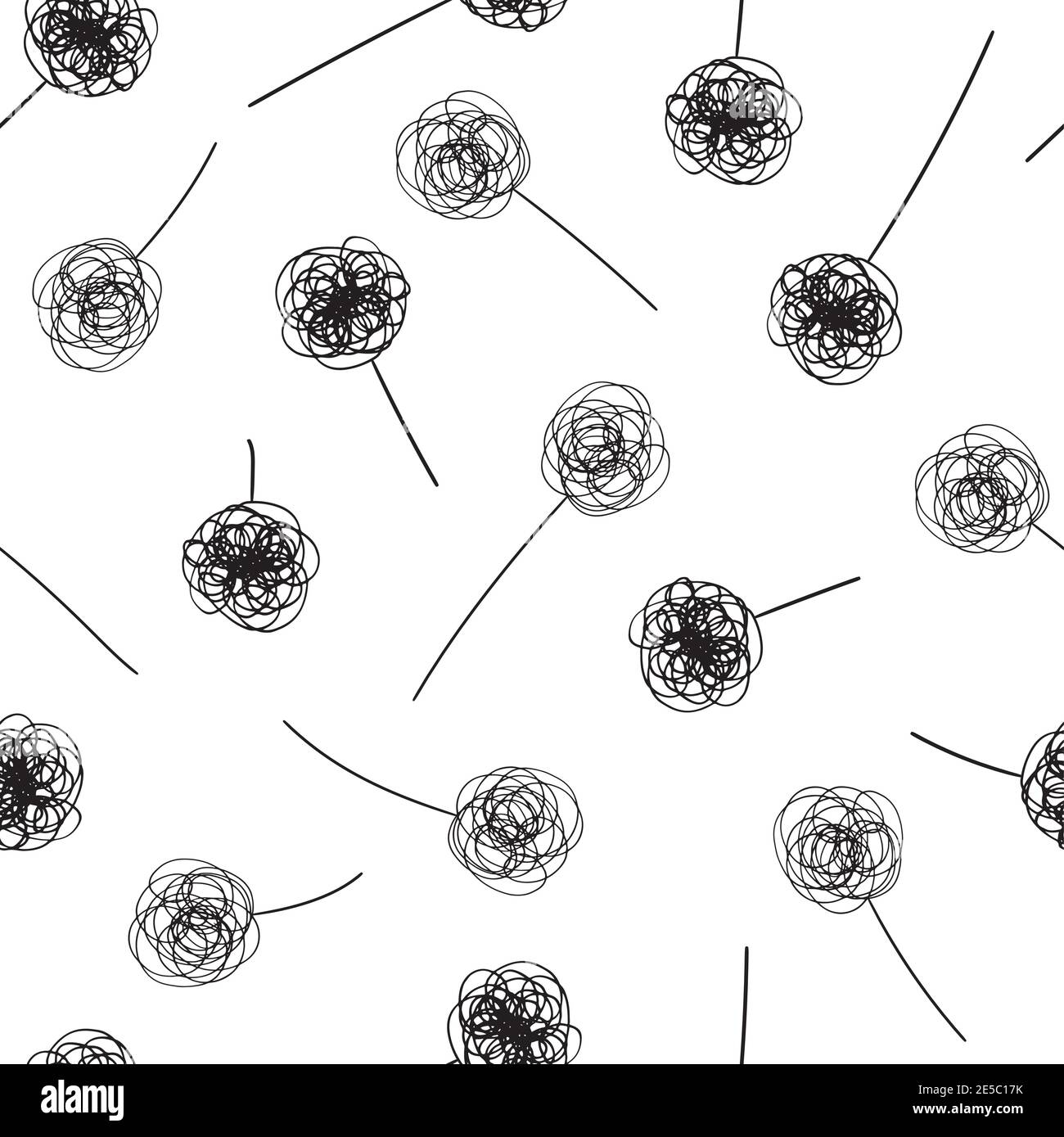 Gekritzelte Tinte Linie abstrakte Blumen und Stiele. Monochrome Vektor nahtlose Muster Hintergrund. Hintergrund mit kindlichen Zeichnung Doodle Stil verstreut Stock Vektor