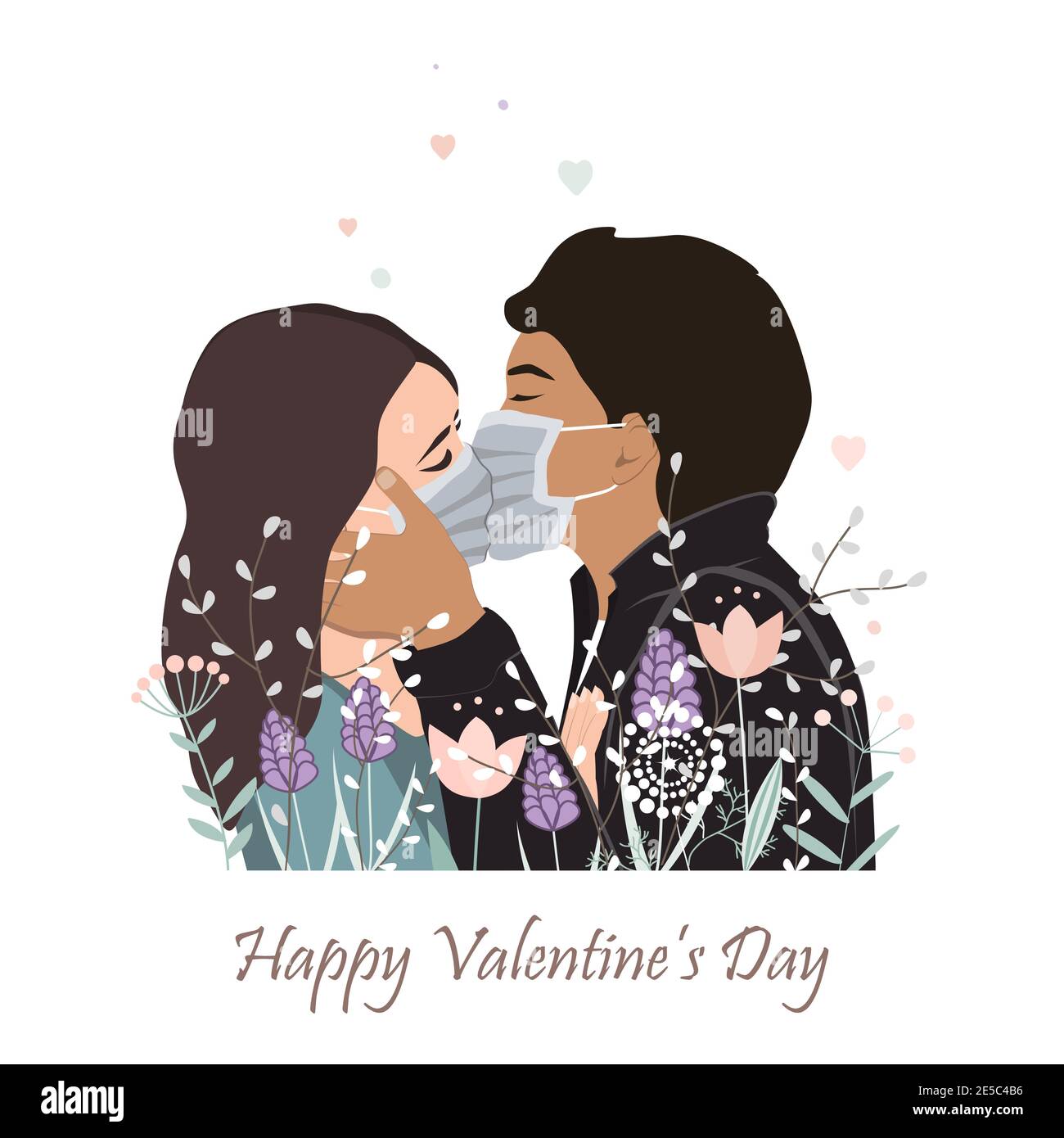 Valentinskarte. Küssen Paar mit Einweg-Gesichtsmasken, Medizin Krankheit Prävention Propaganda. Coronavirus und Liebe Stock Vektor