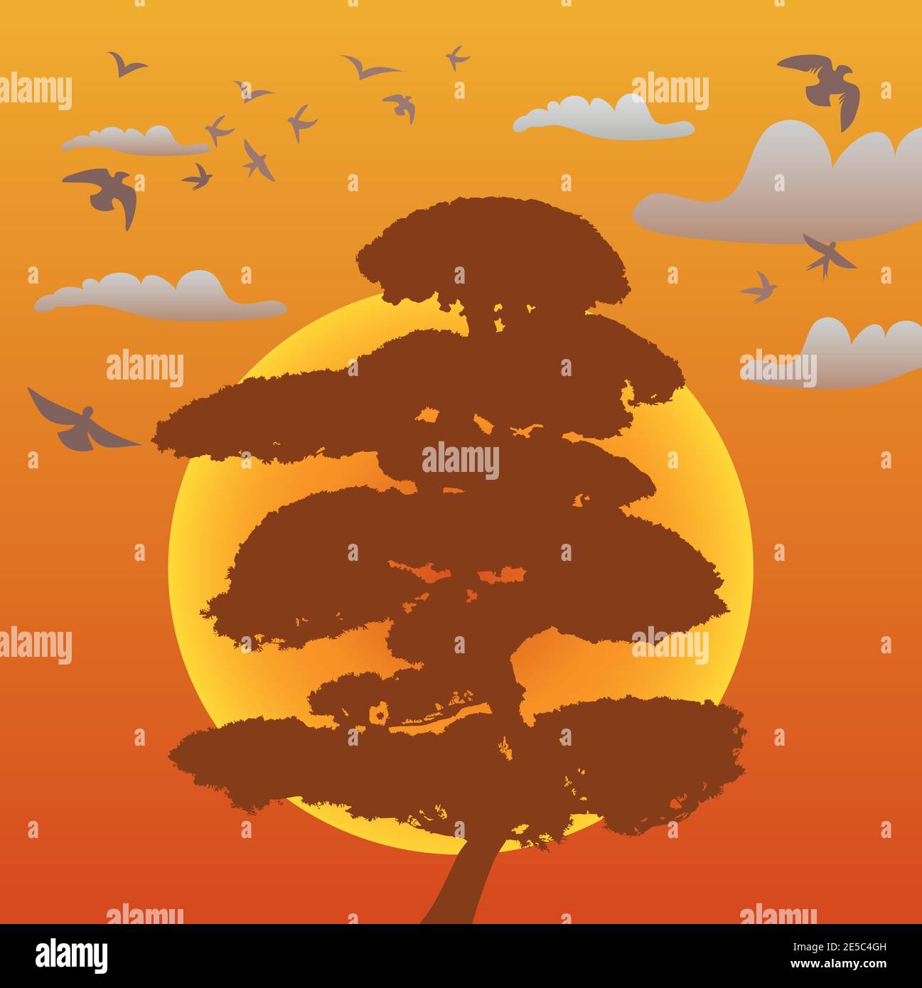 Sonnenuntergang östliche Landschaft mit Hügeln, Vögel und Baum Orange Farben Stock Vektor