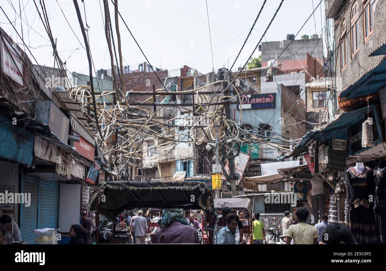 Strom- und Telefonkabel, Alt-Delhi, Indien Stockfoto