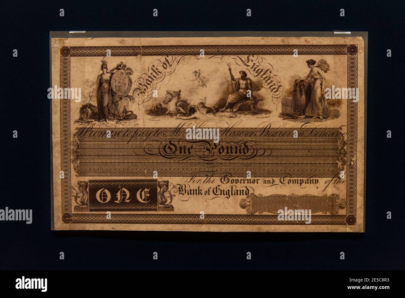 Ein Designprozess für eine Bank of England ein Pfund (£1) Note von 1830 (Replik), The Money Gallery, Ashmolean Museum, Oxford, UK. Stockfoto