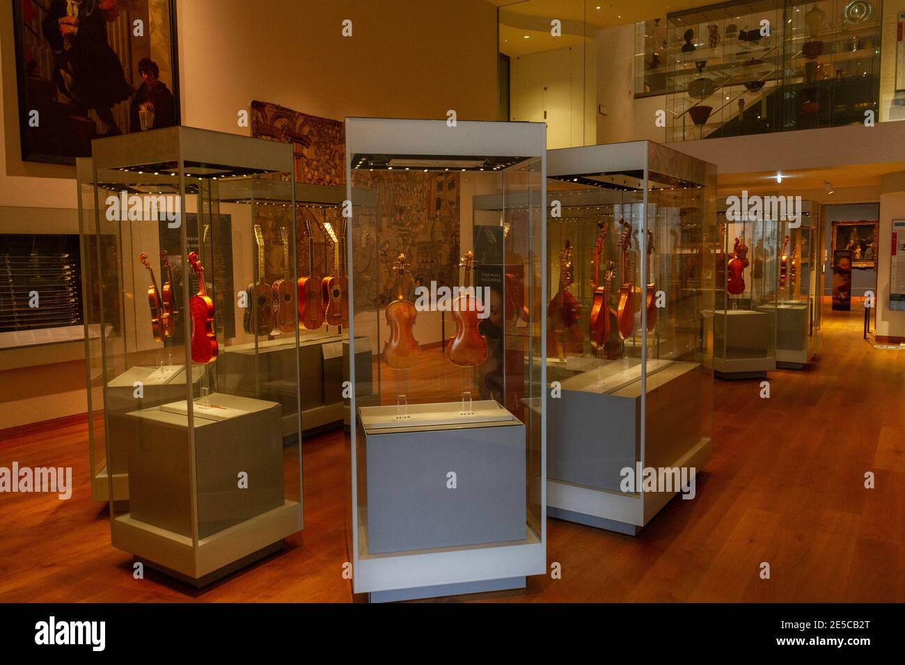 Allgemeine Ansicht von Musikinstrumenten, darunter Violinen von Antonio Stradavari, Ashmolean Museum, Oxford, Großbritannien. Stockfoto