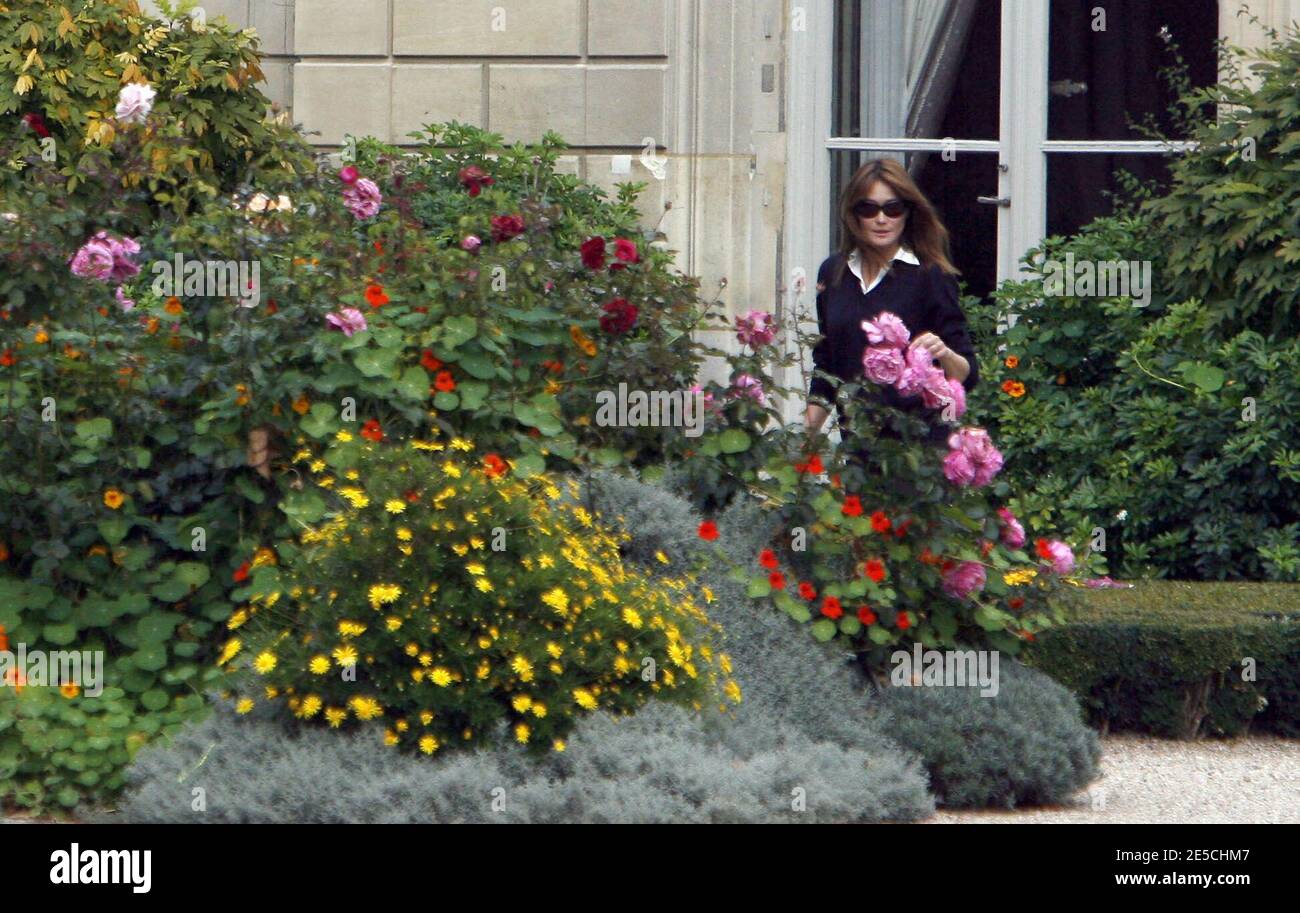 First Lady Carla Bruni-Sarkozy im Elysee-Garten, während sein Mann Nicolas Sarkozy die europäischen Staats- und Regierungschefs und Vertreter der Eurogruppe zu einem Notfalltreffen empfing, um sich auf spezifische, gesamteuropäische Maßnahmen zu einigen, um den zermürbten Finanzsektor zu stützen und die Marktpanik zu stoppen. Paris, Frankreich, 12. Oktober 2008. Foto von Bernard Bisson/ABACAPRESS.COM Stockfoto