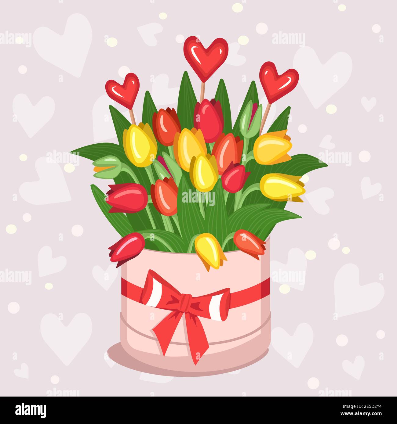 Box mit gelben Tulpen und lila Umschlag für Valentinstag, Frauentag, Muttertag. Ein Geschenk für ein Mädchen, Mama, Großmutter, Freundin. Vektor flach Stock Vektor