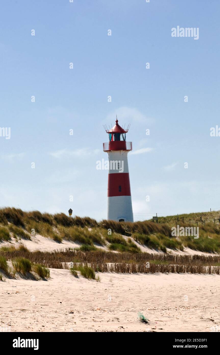 Leuchtturm am Strand in Sylt, Deutschland. Stockfoto