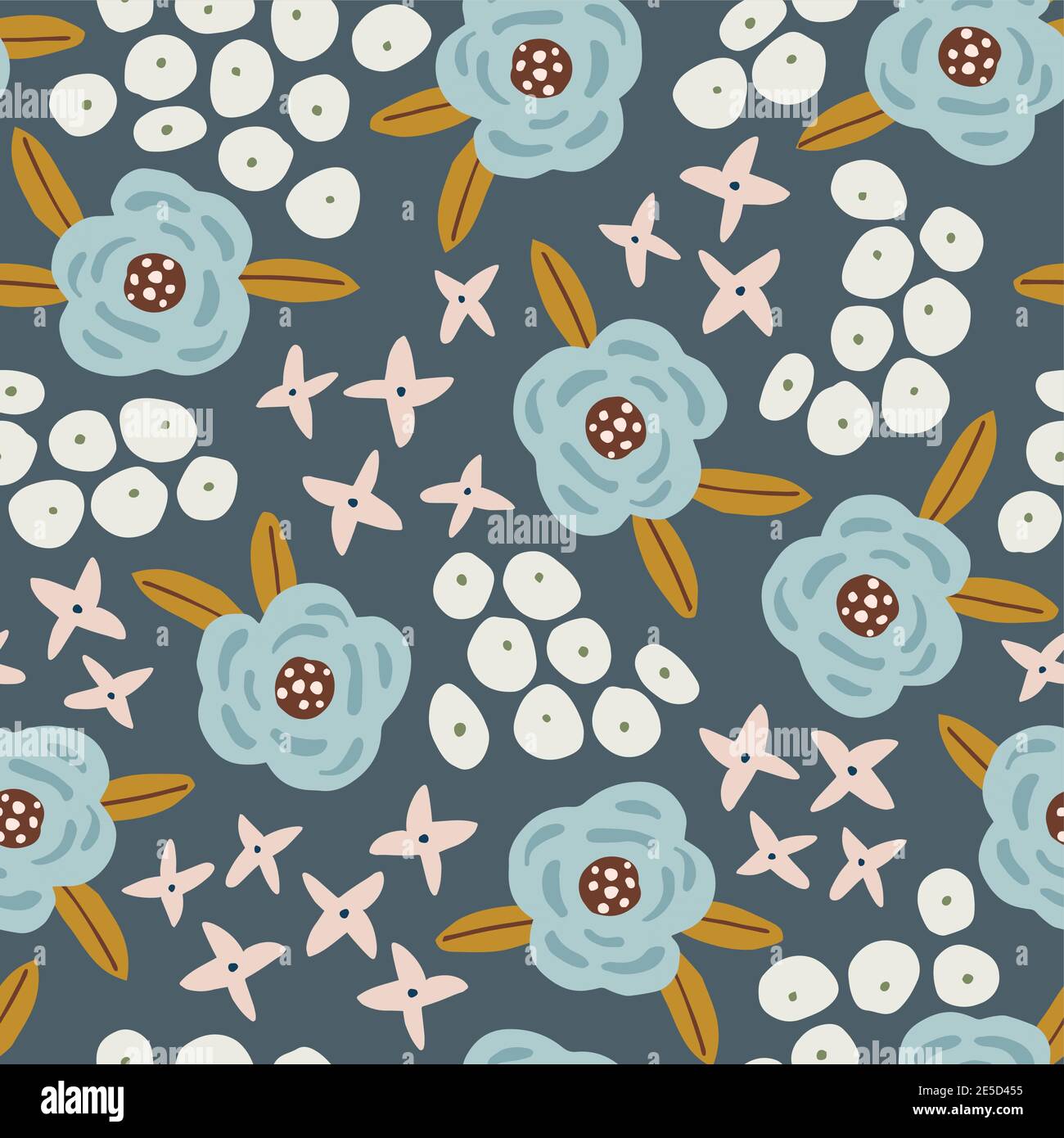 Abstraktes, florales Nahtmuster. Handgezeichnete Gänseblümchen, Flieder und Rosenblüten mit Blättern. Flaches modernes minimalistisches Design für Textil, Stoff, Verpackung Stock Vektor