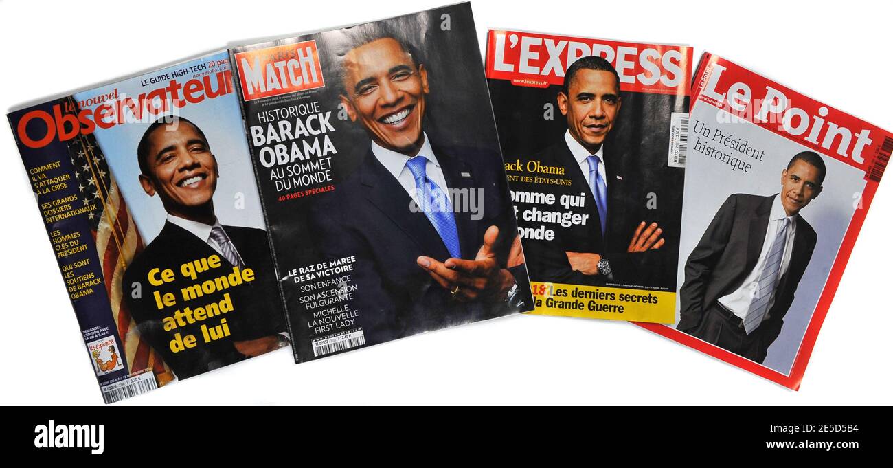 Titelseiten einiger französischer Nationalzeitungen und Zeitschriften, die darauf reagierten, dass Barack Obama am 6. November 2008 der amerikanische Präsident wurde, Paris, Frankreich. Foto von Mousse/ABACAPRESS.COM Stockfoto