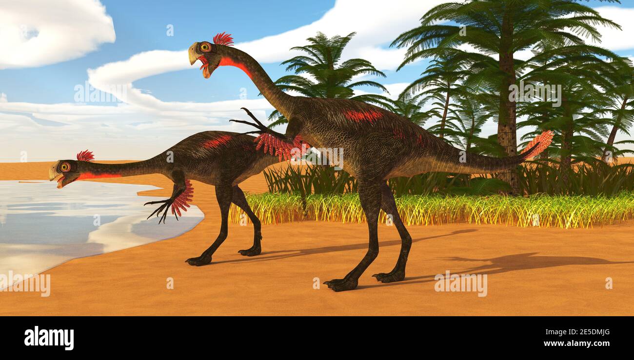 Gigantoraptor theropod Dinosaurier kommen zu einem See in der Mongolei, China während der Kreidezeit zu trinken. Stockfoto