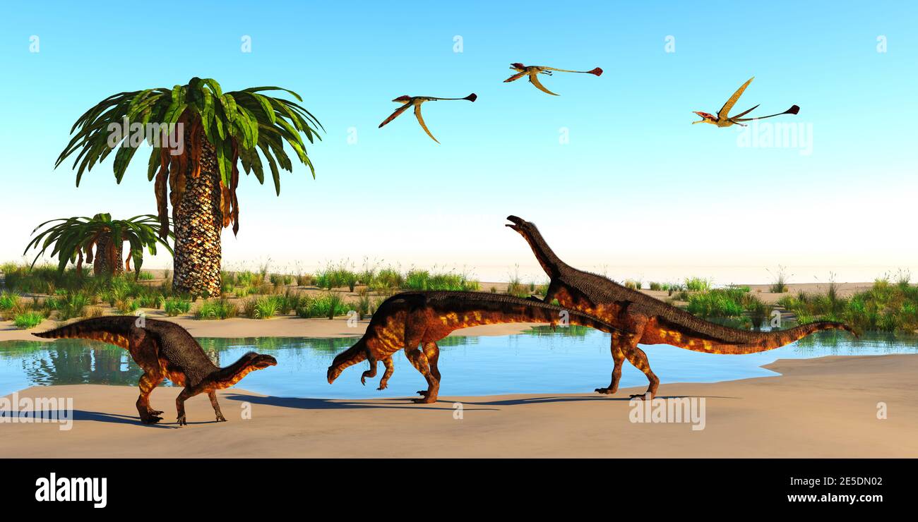 Plateosaurus-Dinosaurier, Eudimorphodon-Reptilien und Bjuvia-Bäume umgeben während der Trias ein Wasserloch. Stockfoto