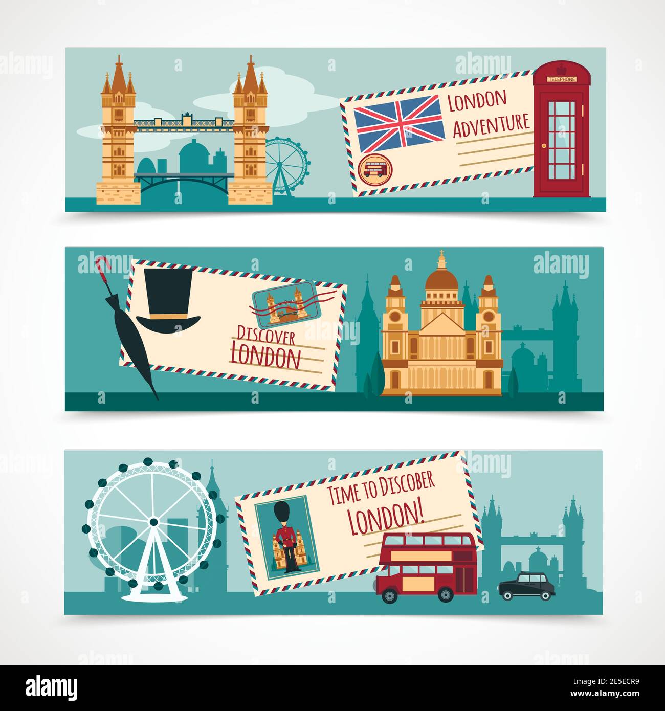 London Touristic Banner horizontale Set mit Sehenswürdigkeiten isoliert Vektor-Illustration Stock Vektor