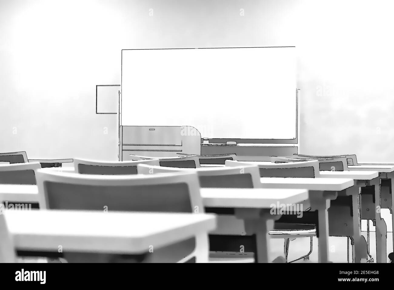 Ansicht eines leeren Klassenzimmers, von rechts nach links, in schwarz und weiß, mit Stühlen und Tischen. Stockfoto