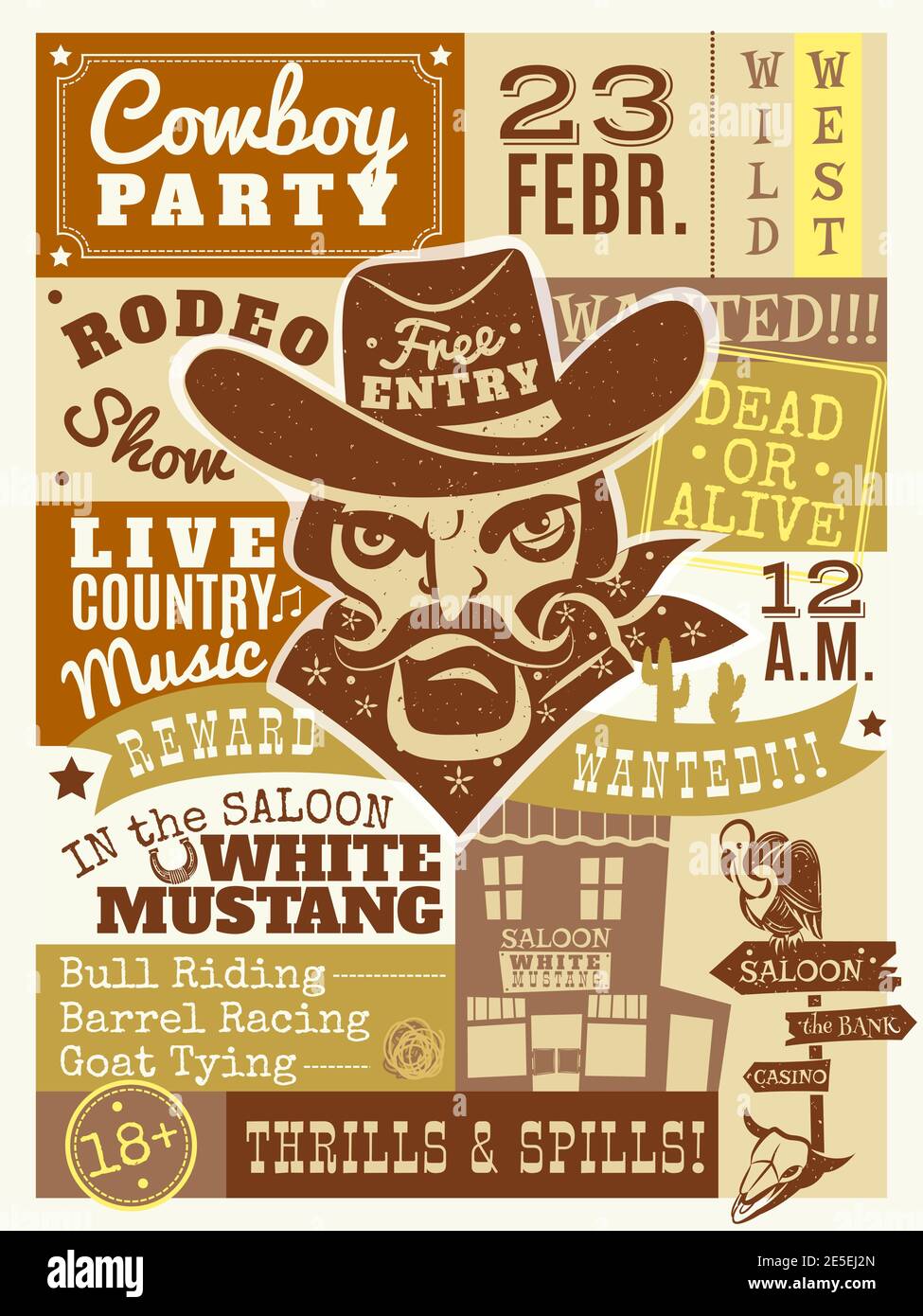 Cowboy Poster mit Salon und wollte tot oder lebendig Symbole Flache Vektorgrafik Stock Vektor