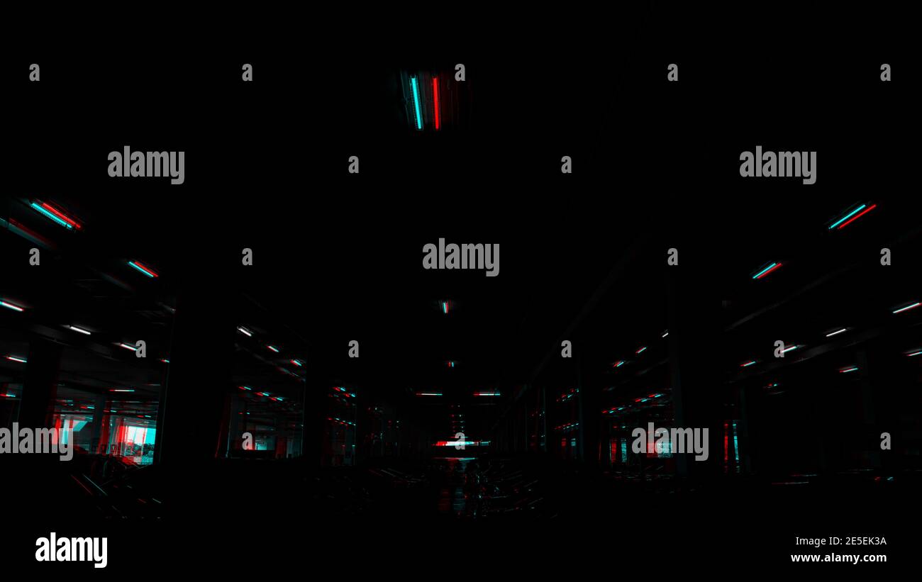 Abstrakt RGB Glitch dunkel Parkplatz im Gebäude. Stockfoto