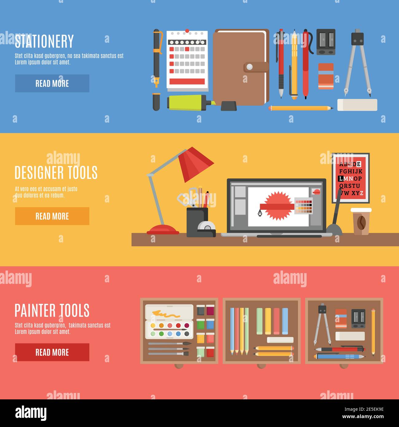 Maler- und Designer-Werkzeuge im Arbeitsbereich oder in Schachteln und Schreibwaren Flache Farbe horizontale Banner-Set isoliert Vektor-Illustration Stock Vektor
