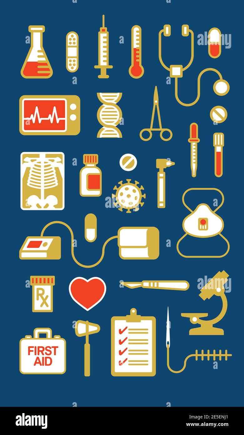 Satz medizinischer Symbole oder Illustrationen. 28 Vektorzeichnungen von Ärzten oder medizinischen Geräten und Symbolen. Stock Vektor
