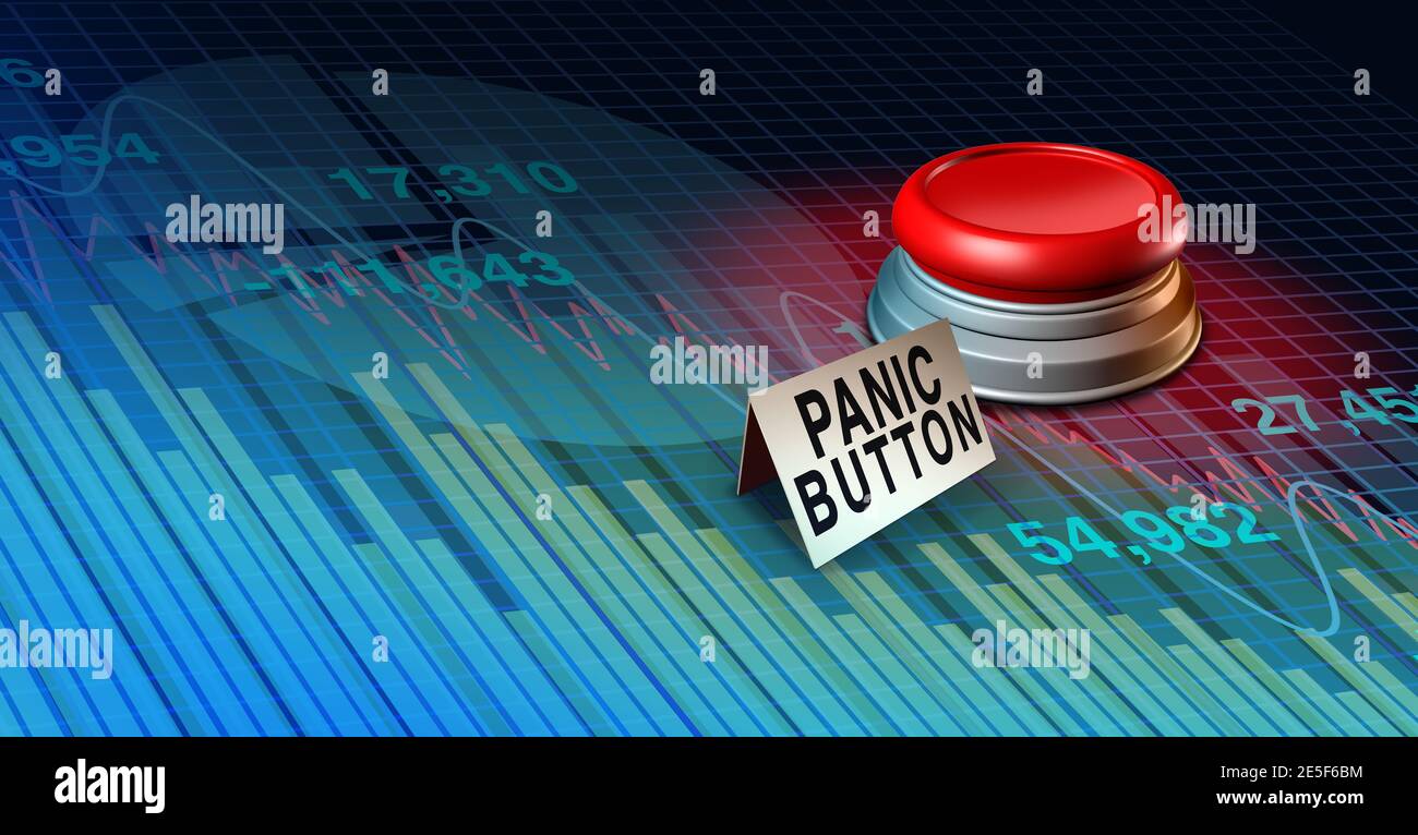 Stock Market Panic Button mit Financial Crisis Worry oder Wirtschaft und wirtschaftliche Angst als Rezession und Finanzrisiko mit 3D-Illustration Elemente. Stockfoto