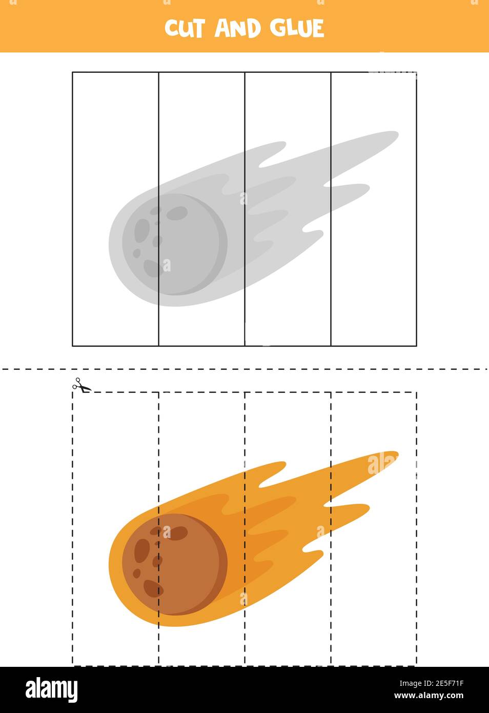 Schneiden und kleben Spiel für Kinder. Cartoon-Komet. Schneidpraxis für Vorschulkinder. Lernarbeitsblatt für Kinder. Stock Vektor