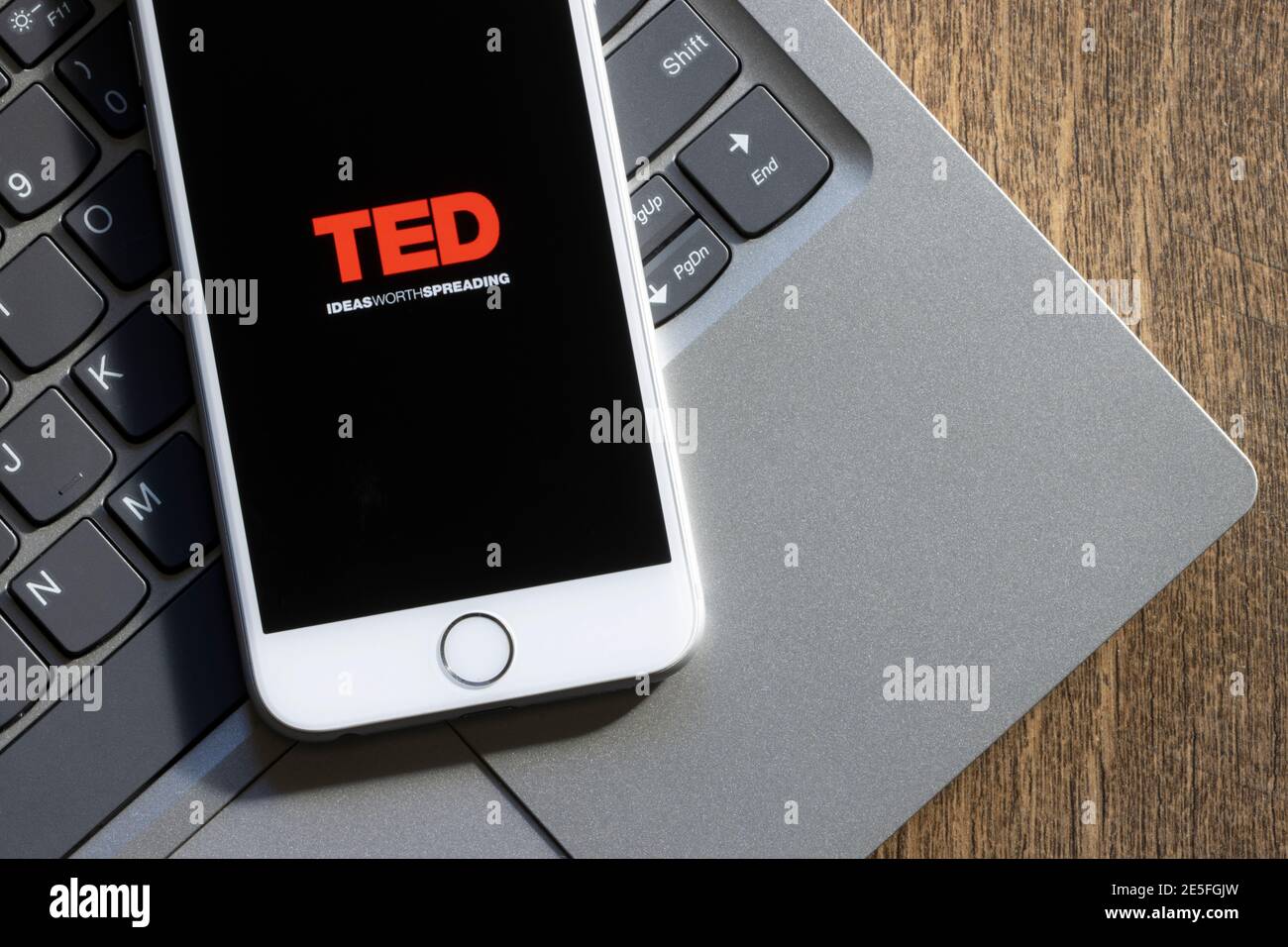 TED Talks Logo ist auf einem Telefon zu sehen. TED ist eine Medienorganisation, die unter dem Motto "Ideen, die Verbreitung wert sind" online Gespräche zur freien Verbreitung veröffentlicht. Stockfoto