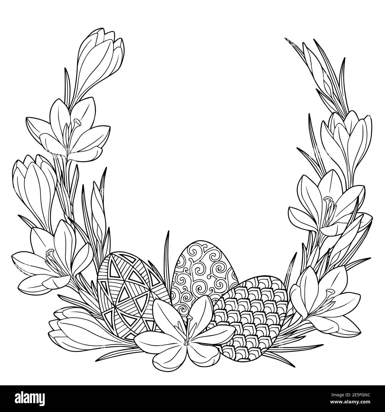 Frohe Ostern. Rahmen mit schwarzen und weißen Doodle ostereiern und Frühlingscrocus Blumen. Malbuch für Erwachsene zur Entspannung und Meditation. Vektor Stock Vektor