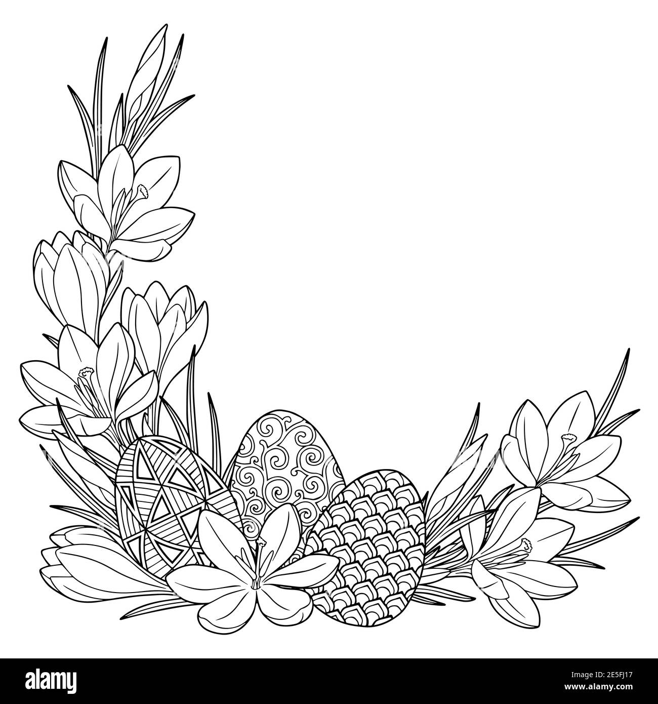Frohe Ostern. Rahmen mit schwarzen und weißen Doodle ostereiern und Frühlingscrocus Blumen. Malbuch für Erwachsene zur Entspannung und Meditation. Vektor Stock Vektor