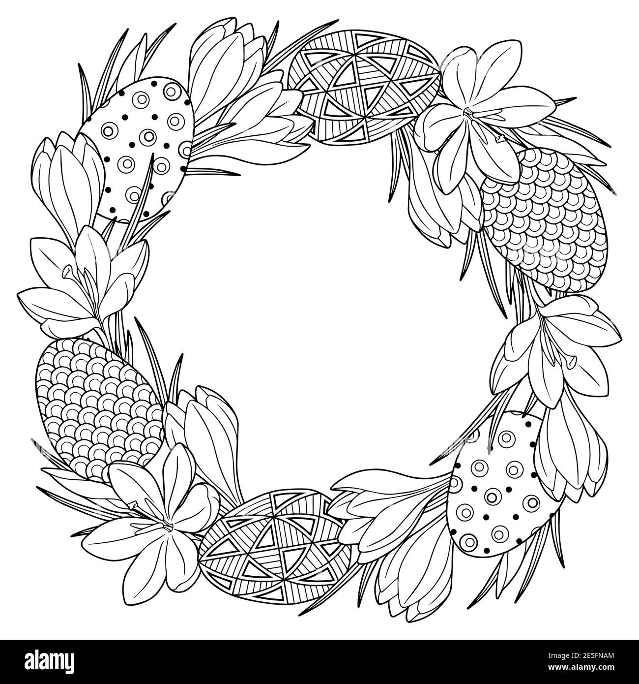 Frohe Ostern. Rahmen mit schwarzen und weißen Doodle ostereiern und Frühlingscrocus Blumen. Malbuch für Erwachsene zur Entspannung und Meditation. Vektor Stock Vektor