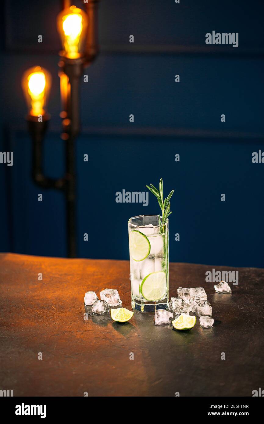 Frischer Gin Tonic Cocktail mit Rosmarin und Limette Stockfoto
