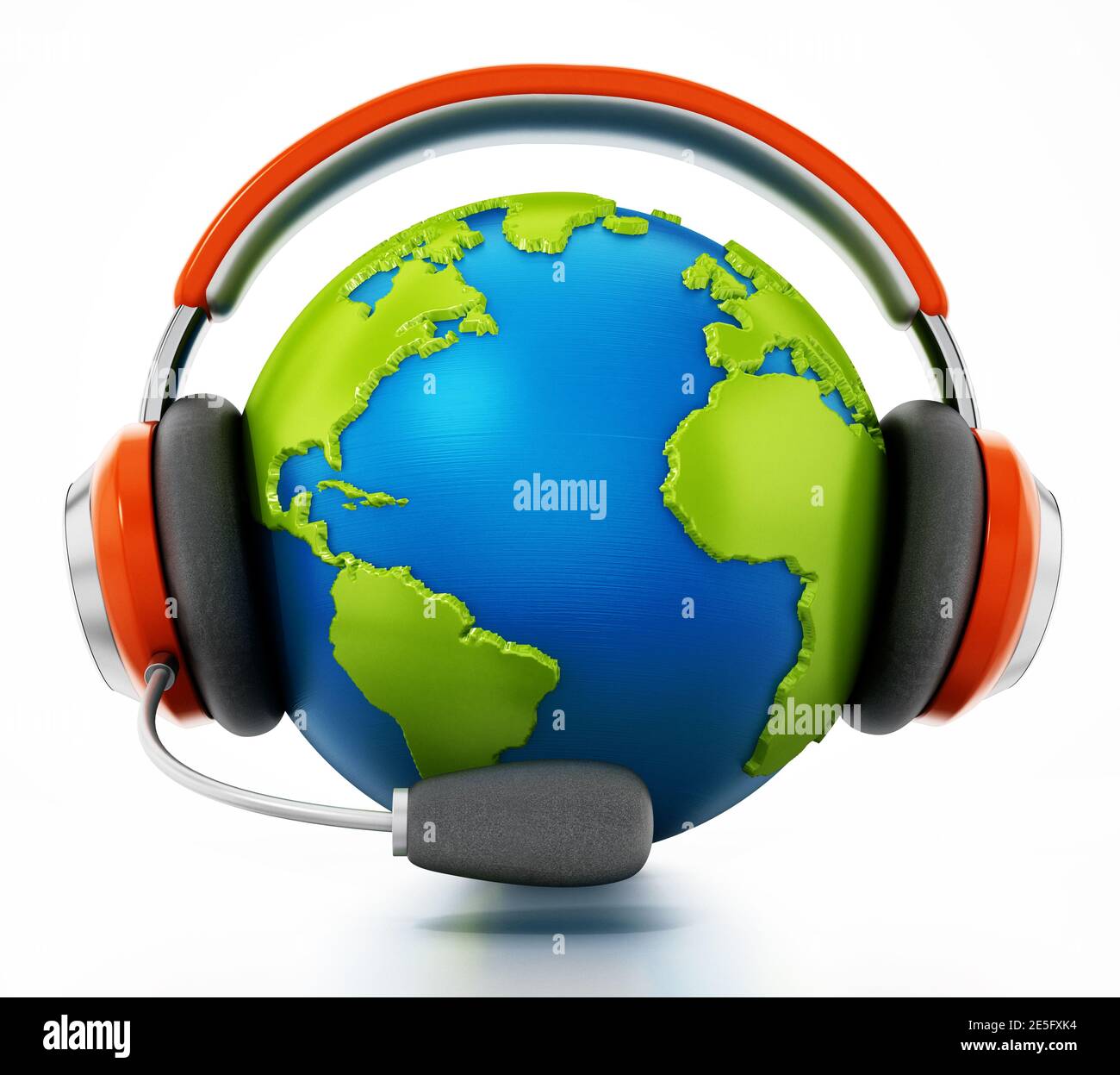 3D Globus mit Kopfhörer und Mikrofon isoliert auf weißem Hintergrund. 3D-Illustration. Stockfoto